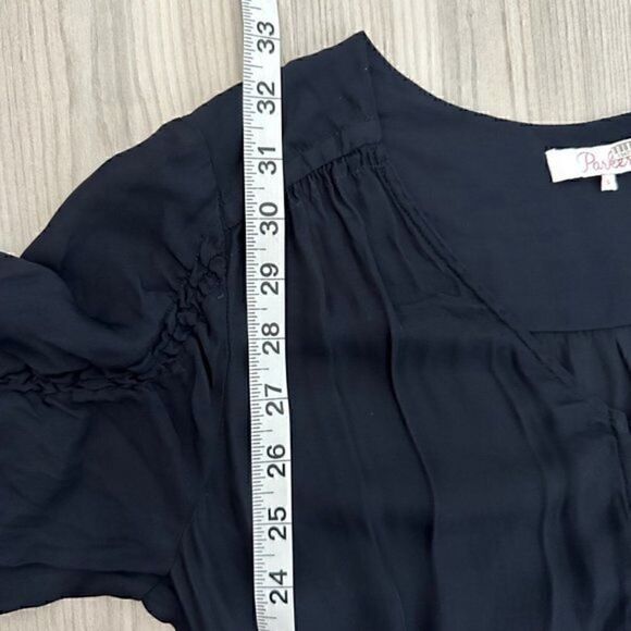 Parker Fletcher Ruched Sleeve Silk Long Sleeve Blouson Dress Midnight Blue Small - Picture 11 of 13